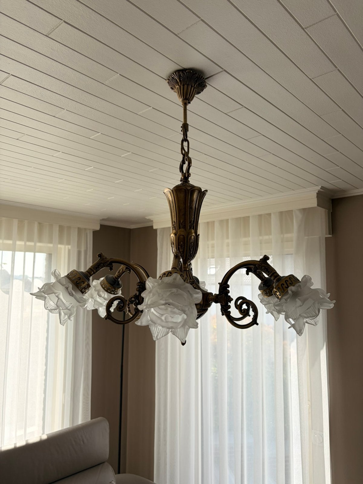 Luster koper met bloemenkapjes, Ophalen, Gebruikt, Overige materialen, E14 (klein)