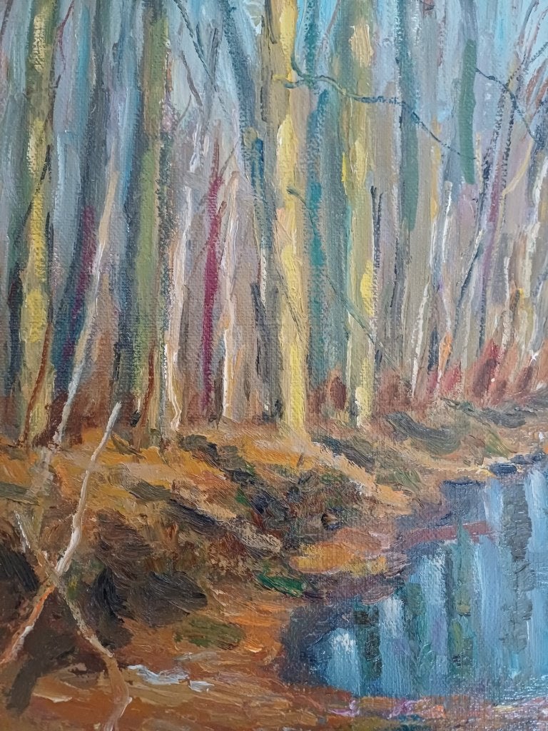 Schilderij M. VAN DEN BEMPT   "Kasteelgracht", Doek, Impressionistisch, Ophalen of Verzenden, Landschap