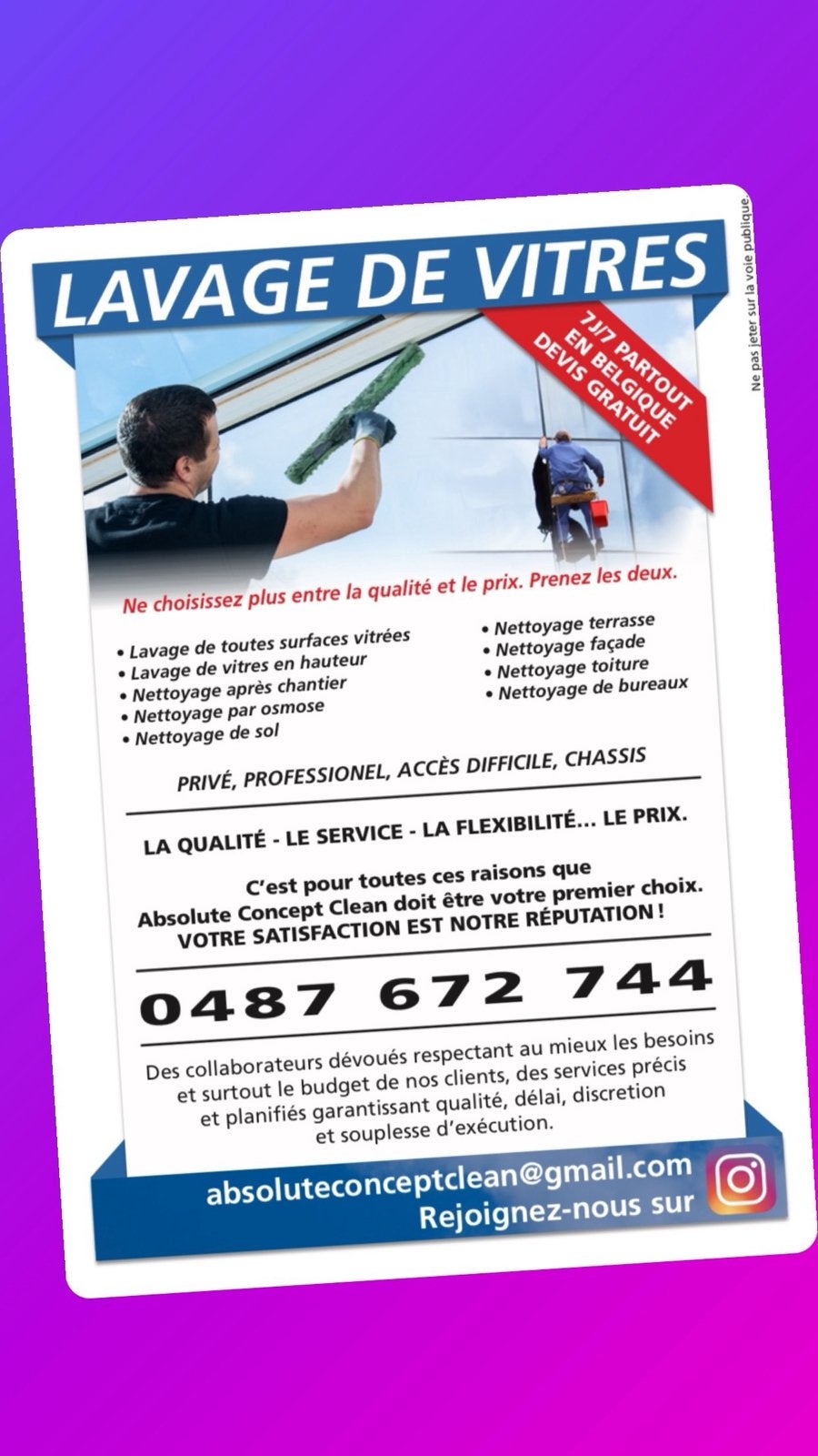 LAVAGE DE VITRES PROFESSIONNEL, Enlèvement