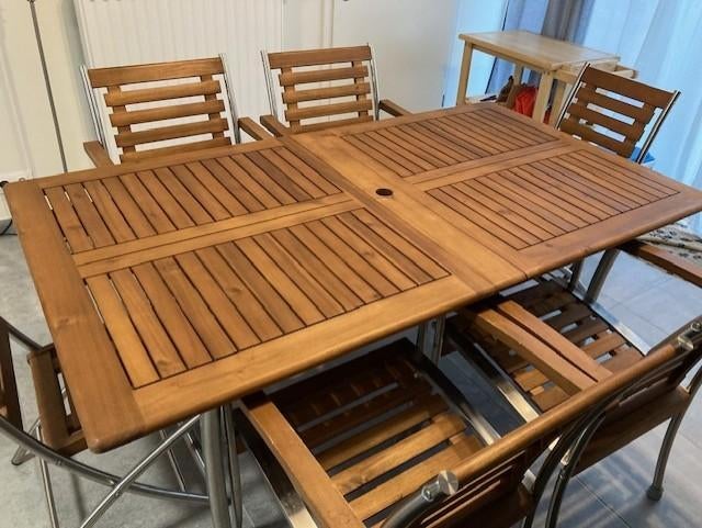 Table en Teck/Acacia + Fauteuils pour terrasse, Ophalen, Zo goed als nieuw, Rechthoekig, Teakhout