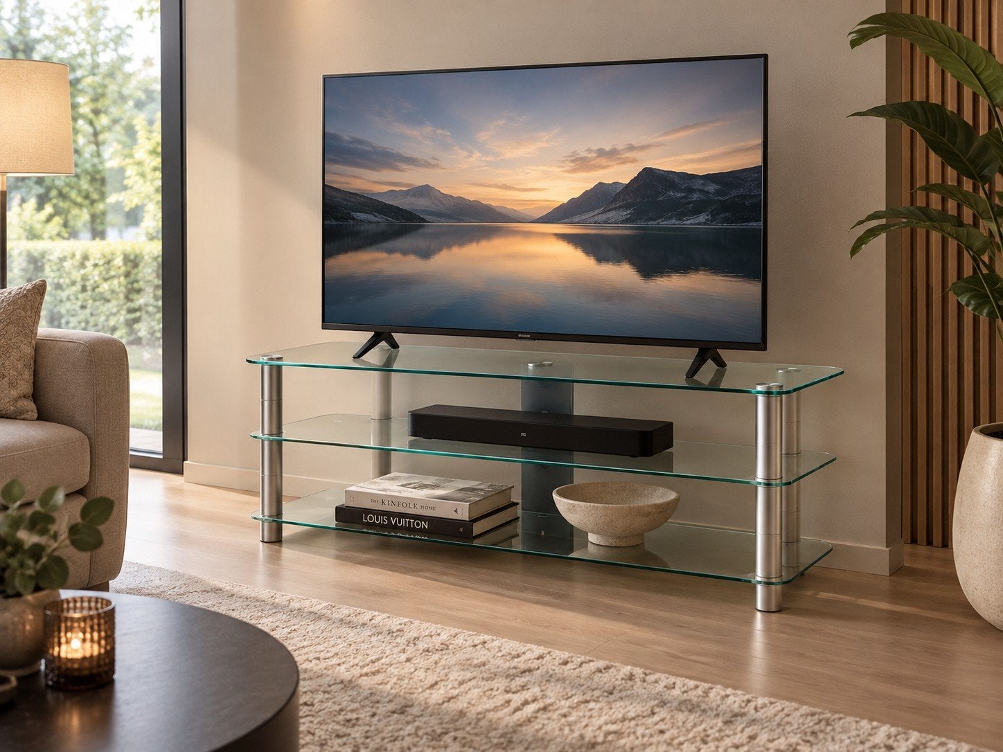 Tv-meubel met 3 glazen leggers, perfecte staat, Maison & Meubles, Enlèvement
