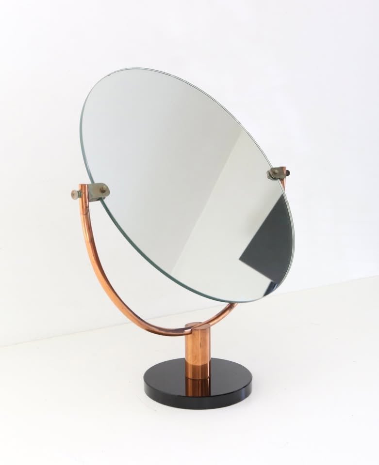 Unieke grote vintage koperen tafelspiegel Spiegel kantelbaar, Antiek en Kunst, Ophalen of Verzenden, Rond