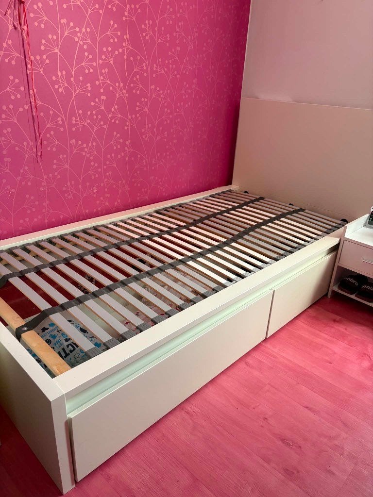 Bed+lade+bedset+hoofdbord+matras, Huis en Inrichting, Ophalen, 90 cm, Eenpersoons, Wit