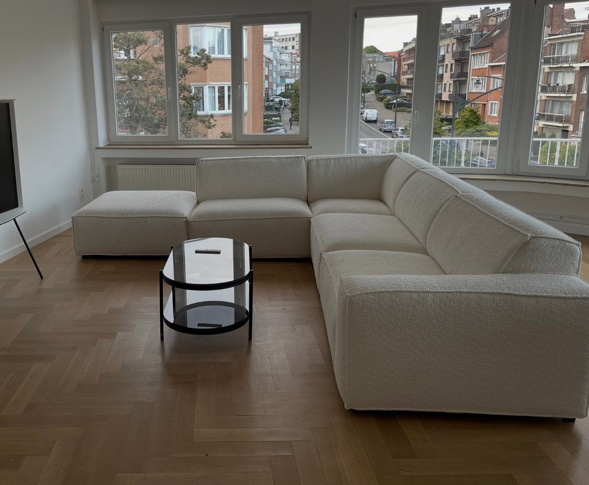 Fauteuil L blanc creme, teddy, avec pouf + 2 coussins long, Enlèvement, Utilisé
