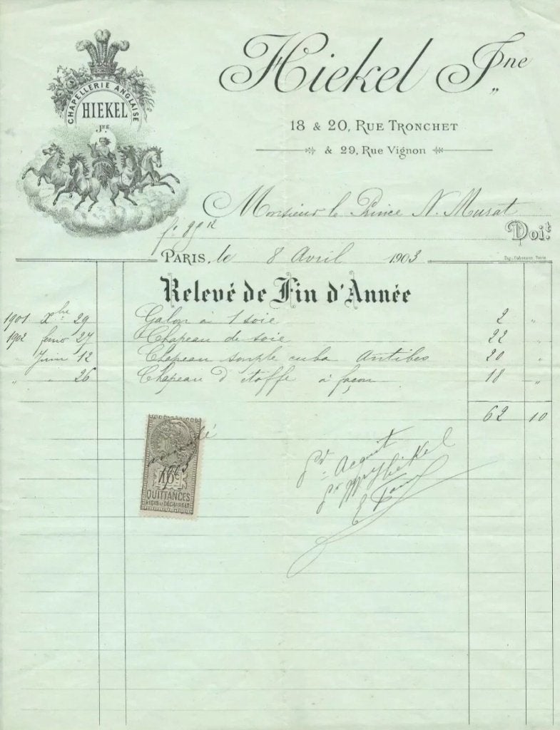 Militaria+Napoléon Murat+facture de 1903+chapeau, Enlèvement ou Envoi, Autres, Vêtements ou Chaussures
