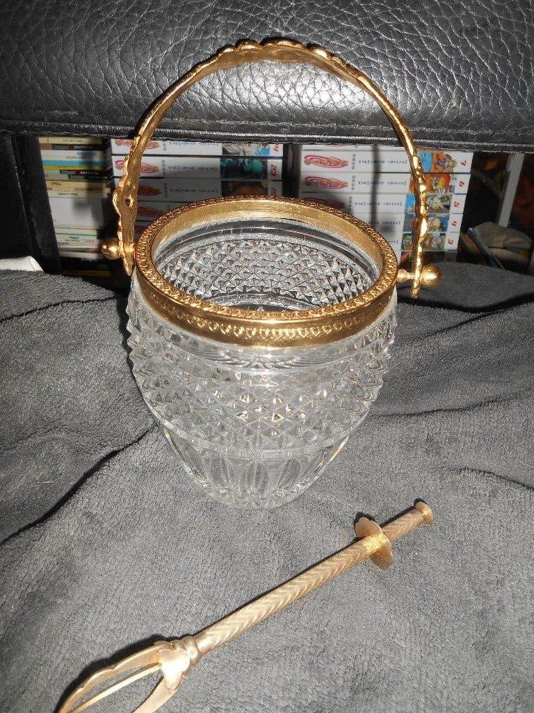 Seau à glaçons en cristal +-14cm bordure laiton +pince 19cm, Enlèvement ou Envoi