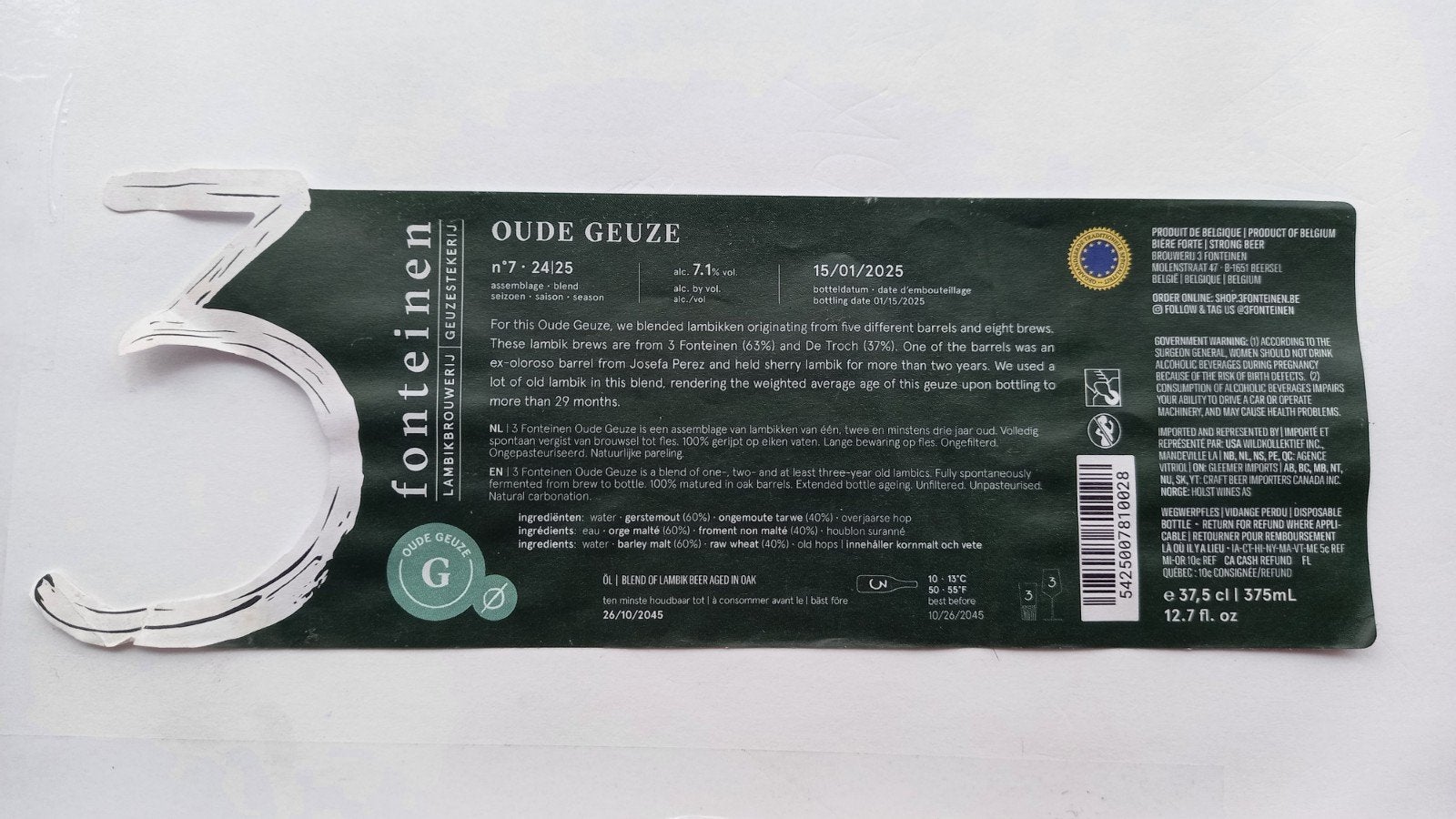 bieretiket br. 3 Fonteinen, Collections, Marques de bière, Enlèvement ou Envoi