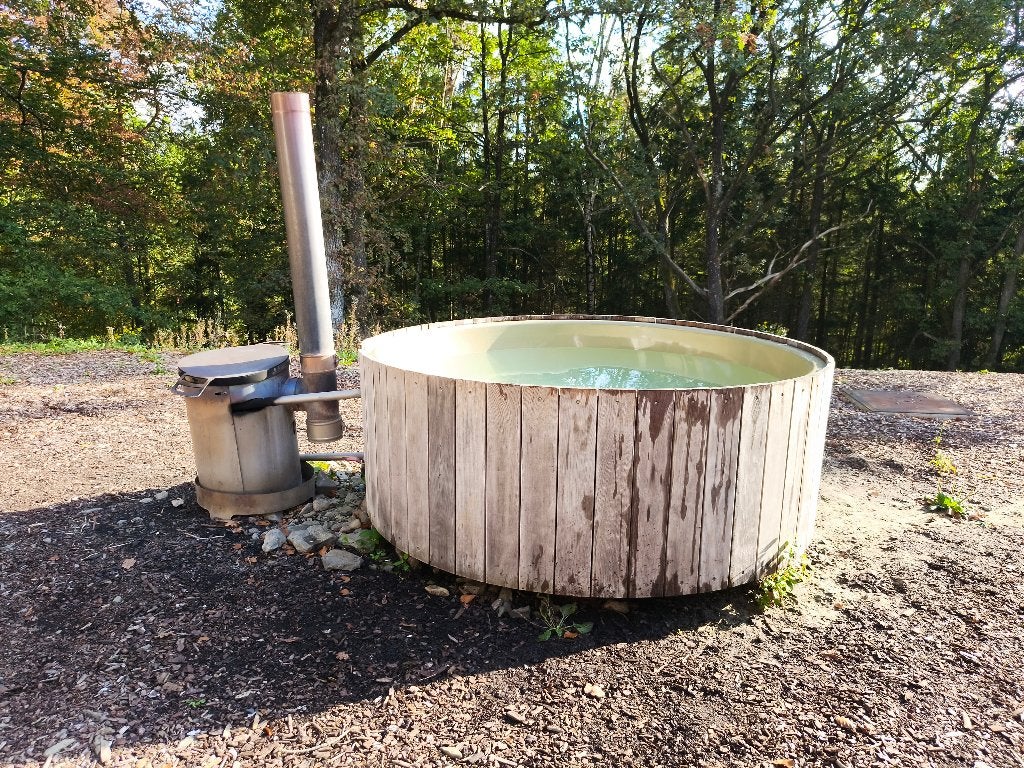 Dutchtub wood Weltevree,cover & schoorsteen zeer goede staat, Ophalen, Gebruikt, Afdekzeil, Vast