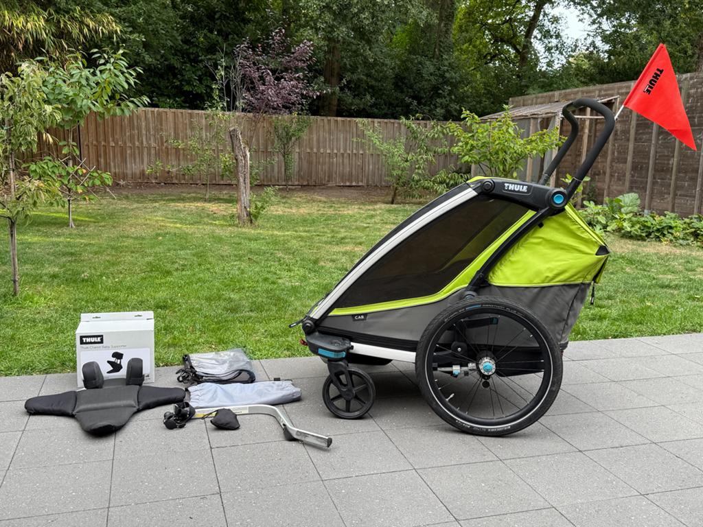 Thule Chariot Cab 2 fietskar + accessoires, Vélos & Vélomoteurs, Enlèvement, Comme neuf, Remorque pour enfant, Suspension