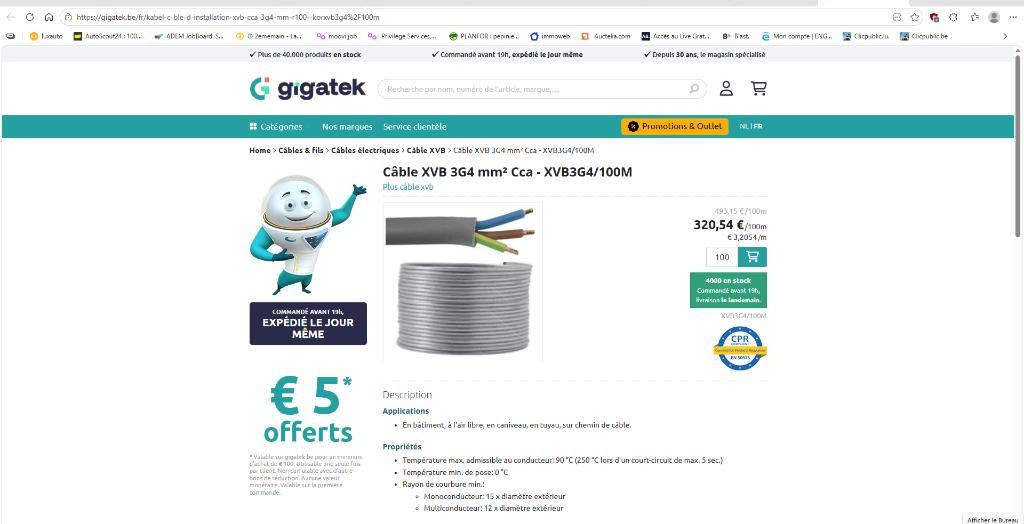 Câble (XVB) YMvK Dca 3G 4mm² — 100 m neuf, Doe-het-zelf en Bouw, Elektriciteit en Kabels, Nieuw, Kabel of Snoer, Ophalen
