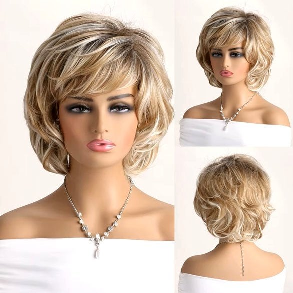 Pruik kort haar met slagen goudblond lichtblond mix, Handtassen en Accessoires, Uiterlijk | Haarverzorging, Verzenden, Nieuw