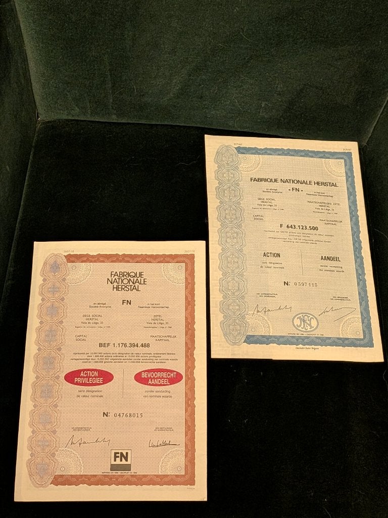 2 antiquarische FN aandelen, Herstal, 1980, 1989, Ophalen of Verzenden, 1970 tot heden, Aandeel
