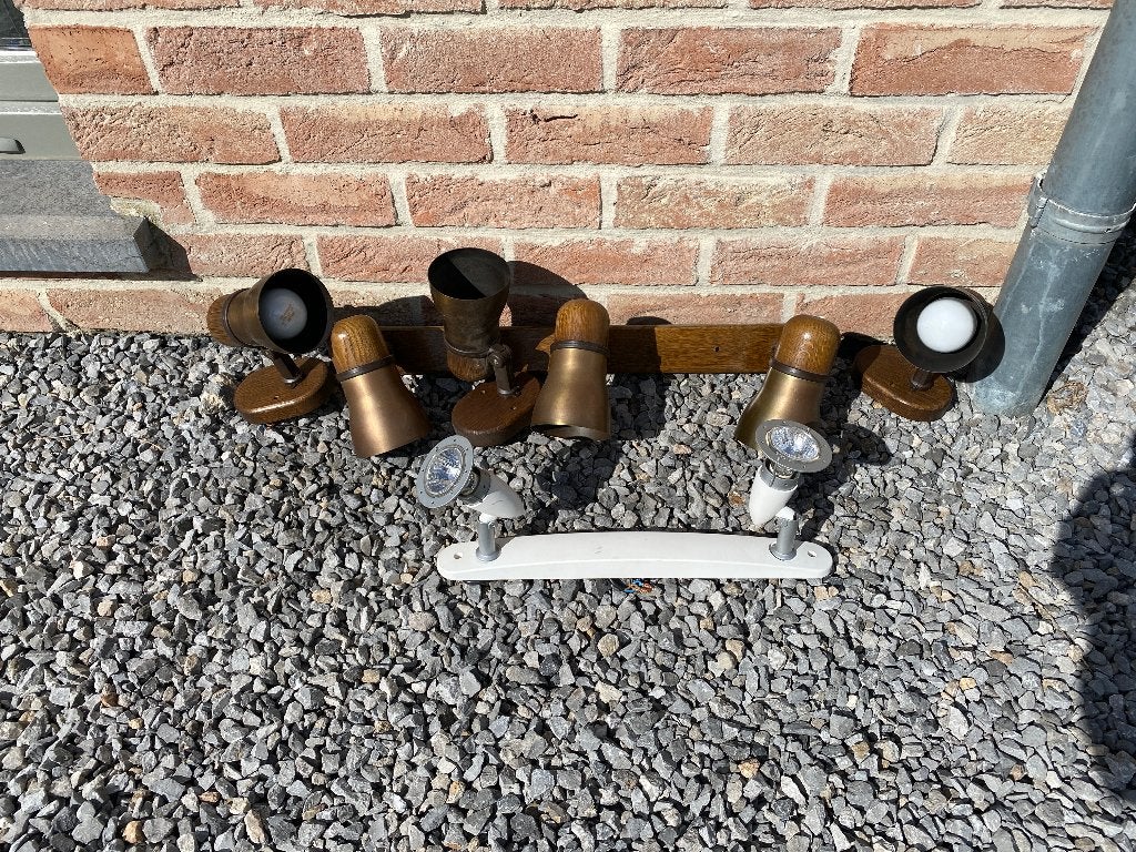 Lot de 4 Spots Orientables Design – Chêne Massif & Laiton, Maison & Meubles, Lampes | Spots, Utilisé, Bois, Spot apparent, Autres marques