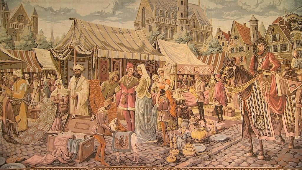 Groot wandtapijt 'Markt in Gent', Ophalen