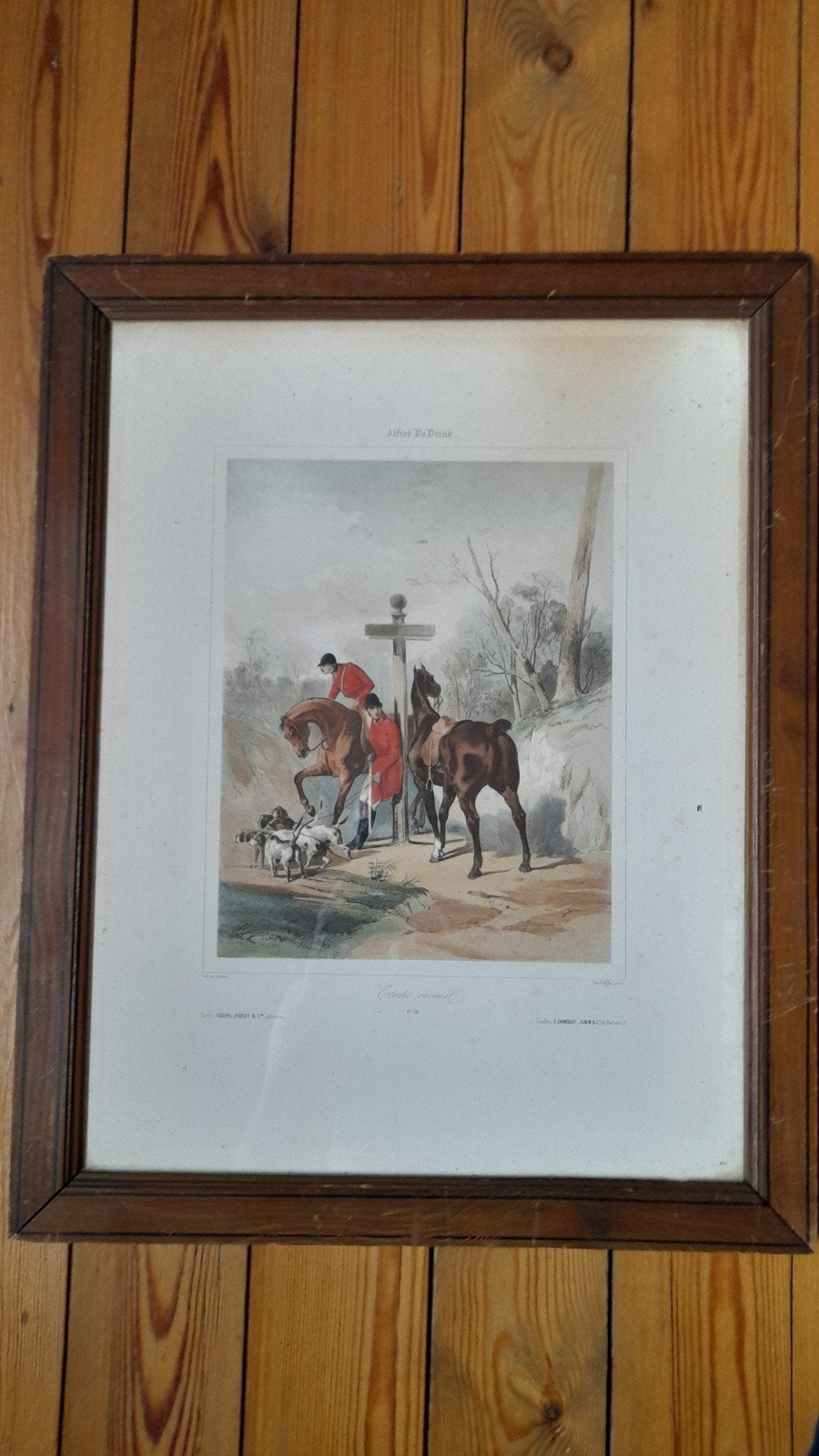 Oude prent van jachttafereel in kader met glas, Antiquités & Art, Art | Dessins & Photographie, Enlèvement, Estampe, Sous verre