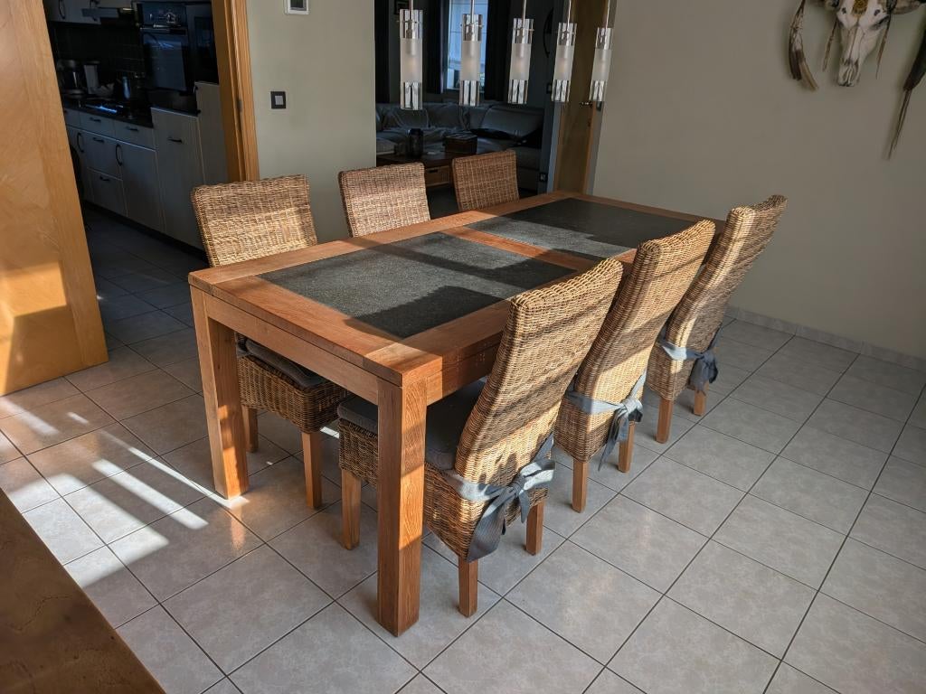 Robuuste Teak Tafel (200cm) + 6 Teak/Rotan Stoelen, Ophalen, Teakhout, 200 cm of meer, 50 tot 100 cm