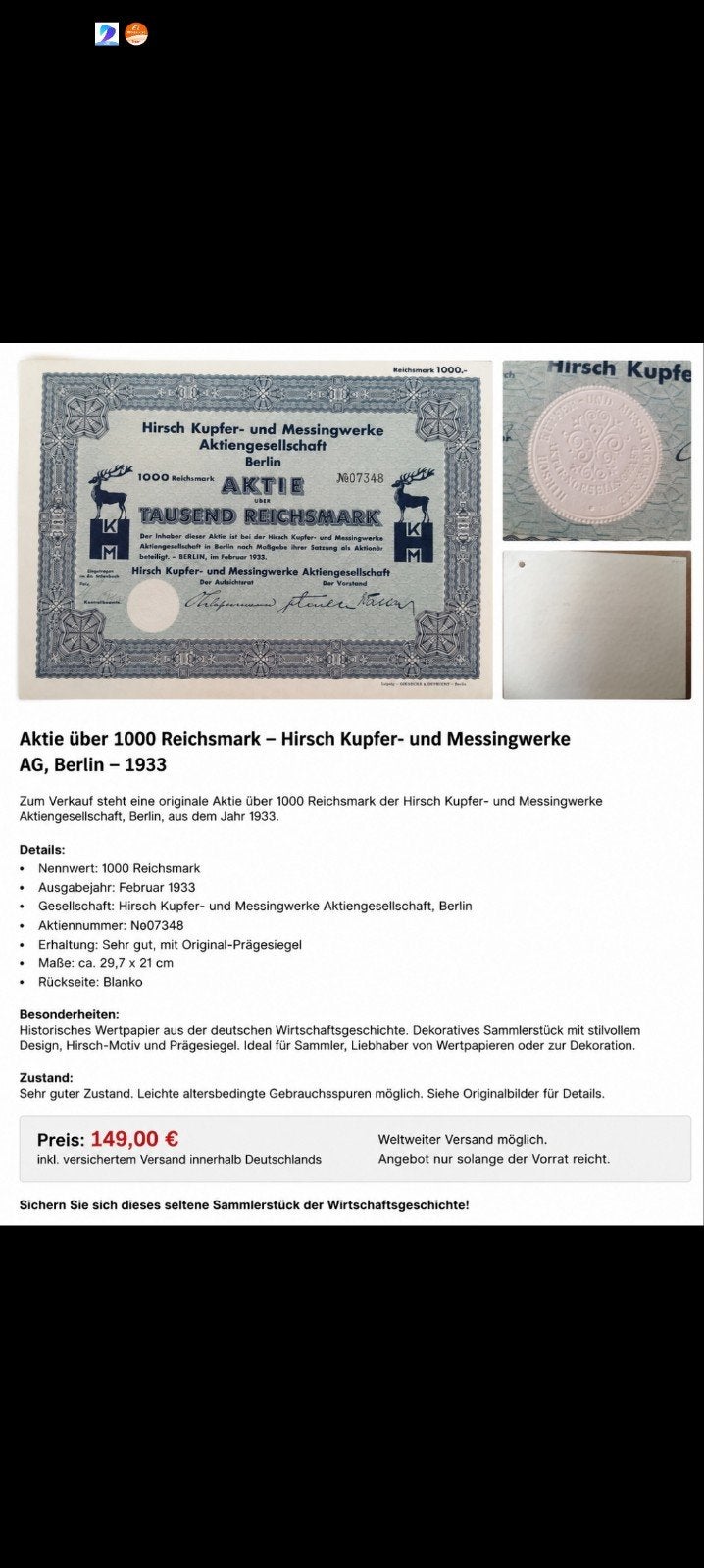 1933, Postzegels en Munten, Aandelen en Waardepapieren, Ophalen of Verzenden