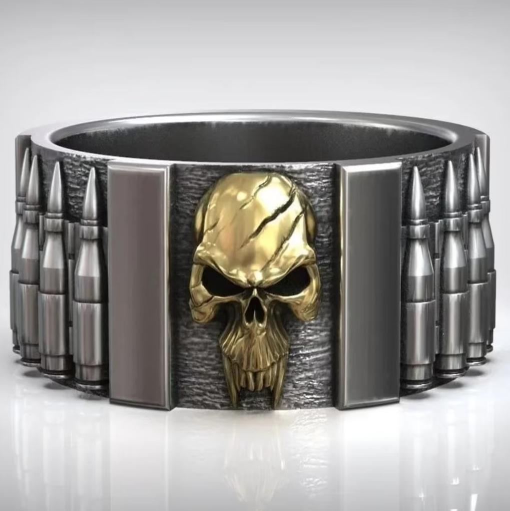 Zilveren skull ring met kogelriem - 925 zilver diverse maten, Verzenden, Nieuw, Dame of Heer, Zilver