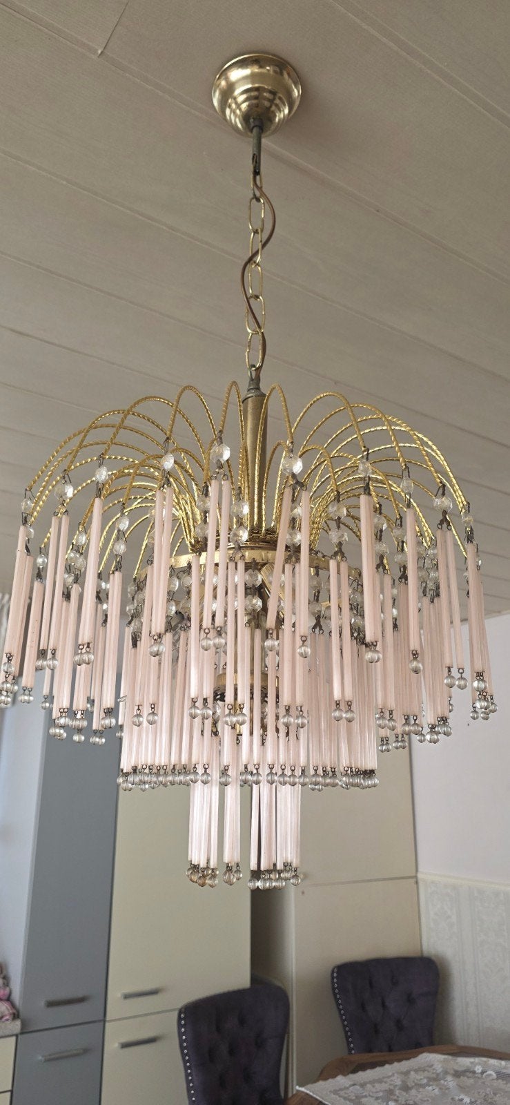 Lustre vintage avec perles roses et transparentes, Verre, Enlèvement, Utilisé, E14 (petit)