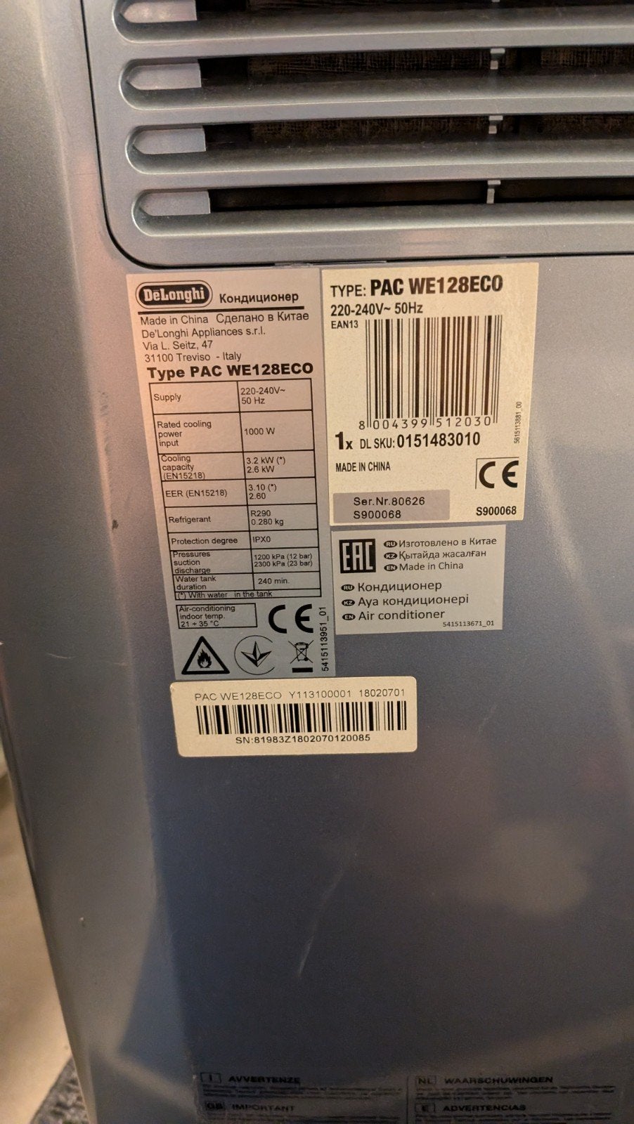 airco Delonghi pac we 128 eco silent, Elektronische apparatuur, Ophalen, Mobiele airco, Afstandsbediening