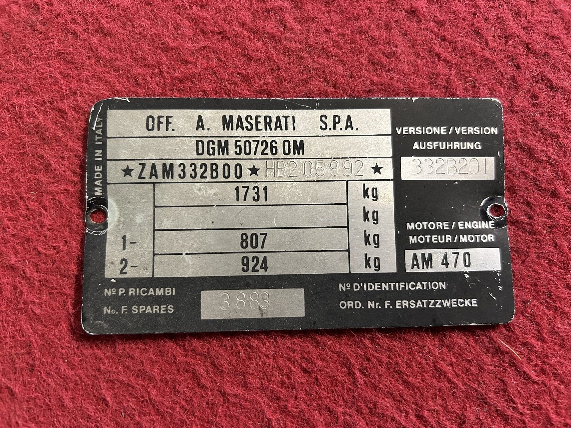 Maserati BiTurbo identificatieplaatje, Maserati, Gebruikt, -, -