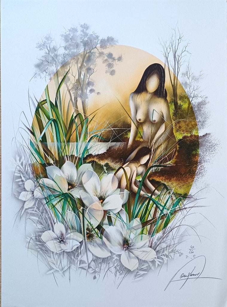 Raymond POULET, «Au milieu des fleurs blanches », litho, Antiquités & Art, Numéroté, Enlèvement ou Envoi, Lithographie