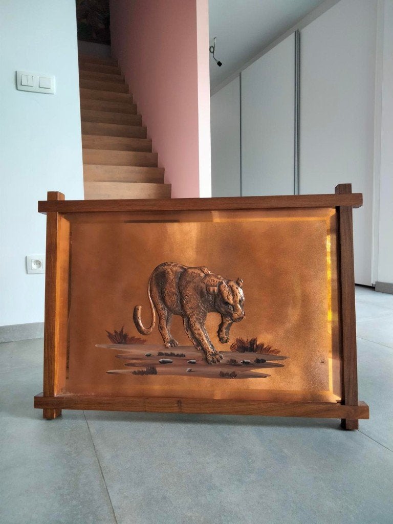 1970s XL vintage wall art deco koper luipaard, Verzamelen, Retro, Huis en Inrichting, Ophalen
