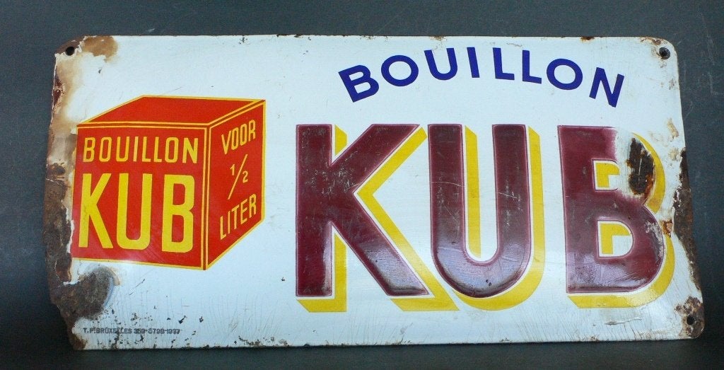 Panneau publicitaire belge KUB Bouillon en émail rare, Enlèvement ou Envoi, Utilisé, Panneau publicitaire