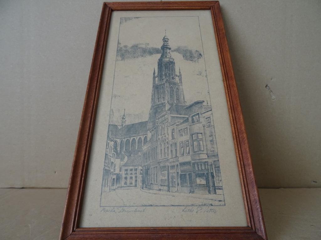 Antieke litho P. Vetter Torenstraat Breda Grote Kerk 18x23cm, Antiek en Kunst, Verzenden