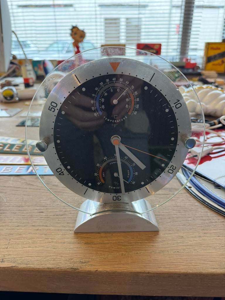 Vintage garage klok / Thermometer, Ophalen of Verzenden, Gebruikt, Gebruiksvoorwerp