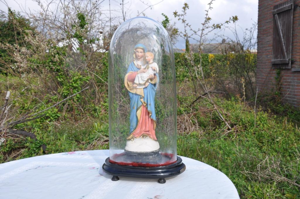 vierge a l'enfant en platre dans globe en verre socle bois, Ophalen of Verzenden