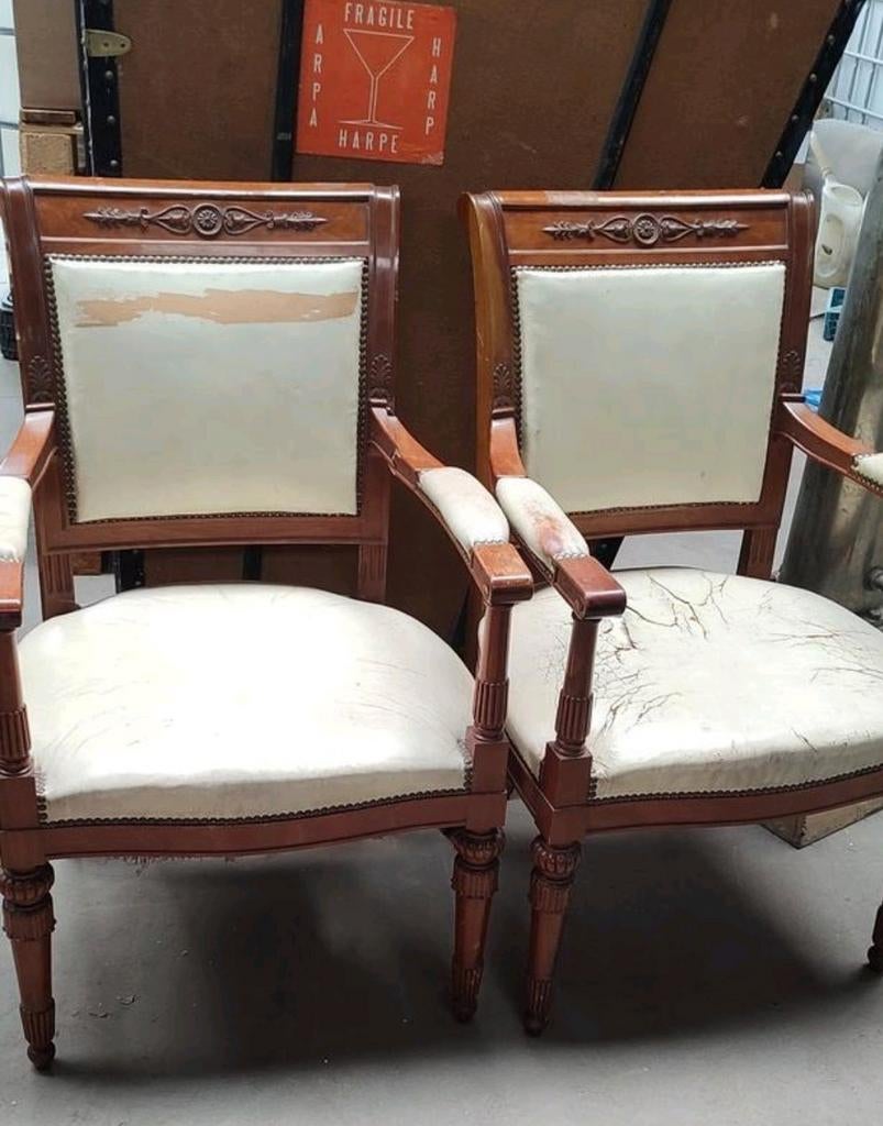 Vintage antiek set zetel Acajou leder armleuning stoel retro, Antiek en Kunst, Ophalen