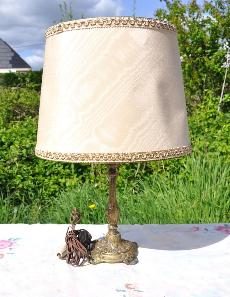 lampe de table pied laiton base carré abat jour galon, Ophalen of Verzenden