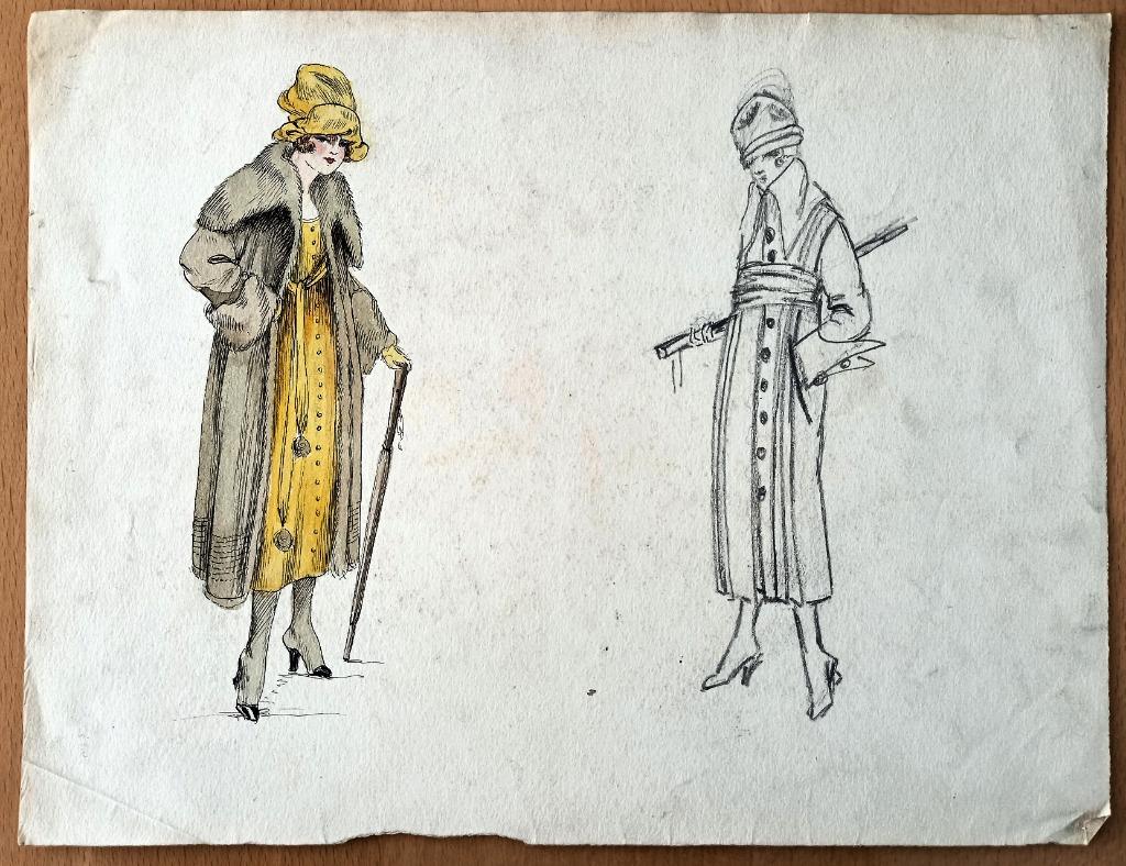 A493-78 Oude tekening in inkt en kleur dame in gele jurk, Enlèvement ou Envoi