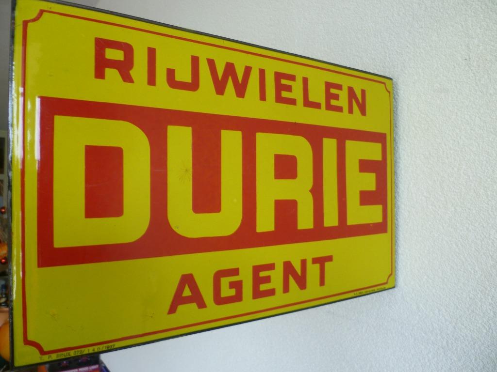 EMAILLE DUBBELZIJDIG RECLAMEBORD"AGENT DURIE RIJWIELEN"1937, Enlèvement ou Envoi, Utilisé, Panneau publicitaire