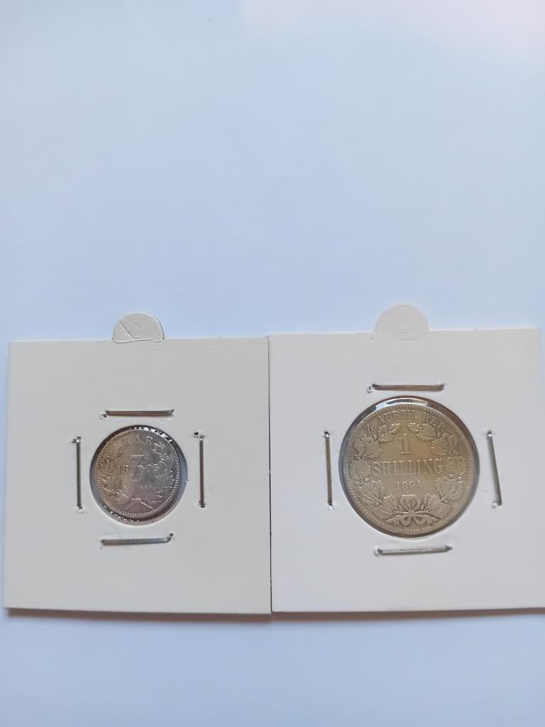 2 mooie zilveren munten van 3 pence en 1 shilling ZAR., Ophalen of Verzenden, 10 euro, Zilver