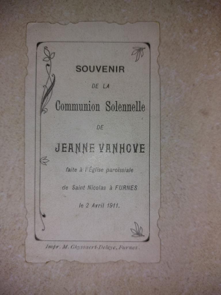 oud communieprentje Veurne 1911 (Jeanne Vanhove), Verzamelen, Bidprentjes en Rouwkaarten, Verzenden