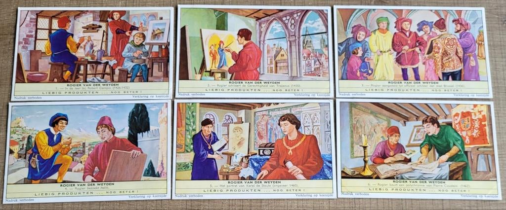 6 oude Liebig prenten: Rogier Van Der Weyden, Ophalen of Verzenden, Gebruikt, Overige onderwerpen, Prent