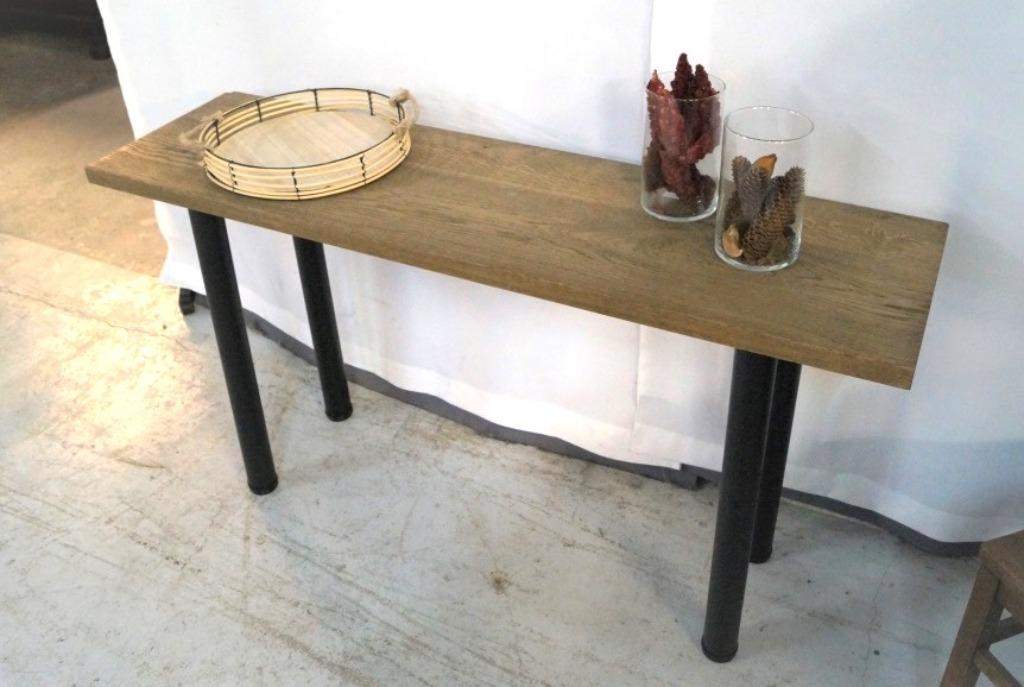 Oude eiken muurtafel dik blad en ijzeren poten L 142 B 40, Huis en Inrichting, Ophalen, Gebruikt, 75 cm of meer, 60 cm of meer