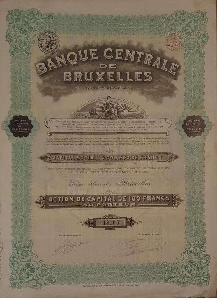 Banque Centrale de Bruxelles - action de capital, Enlèvement ou Envoi, 1920 à 1950, Action