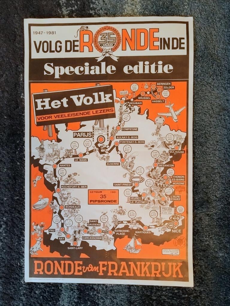 Het Volk. Poster 35 jaar Pipsronde. Ronde van Frankrijk., Verzamelen, Ophalen of Verzenden