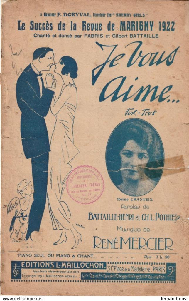 JE VOUS AIME FOX-TROT PARTITION MUSICALE, Enlèvement ou Envoi, Utilisé, Thème, Piano