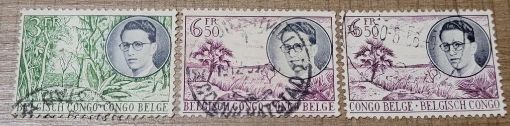 3 oude postzegels: Koning Boudewijn - Belgisch-Congo, Enlèvement ou Envoi, Affranchi, Timbre-poste, Maison royale