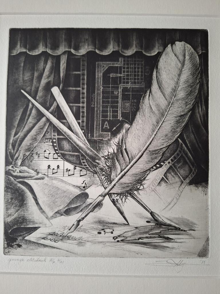 Ets / gemengde techniek Hugo Besard uit 1985 "Pluim", Enlèvement ou Envoi, Eau-forte, Numéroté