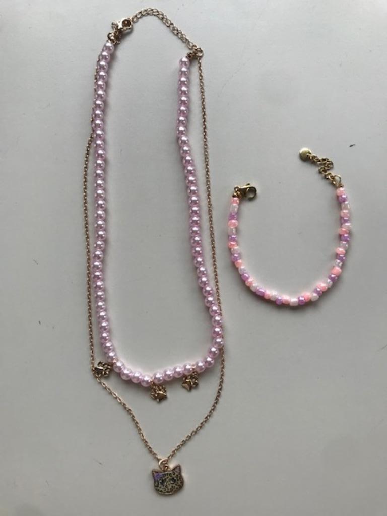 Nieuwe halsketting + armband (prijs totaal) (nr3803), Bijoux, Sacs & Beauté, Colliers, Enlèvement ou Envoi, Neuf, Rose, Synthétique