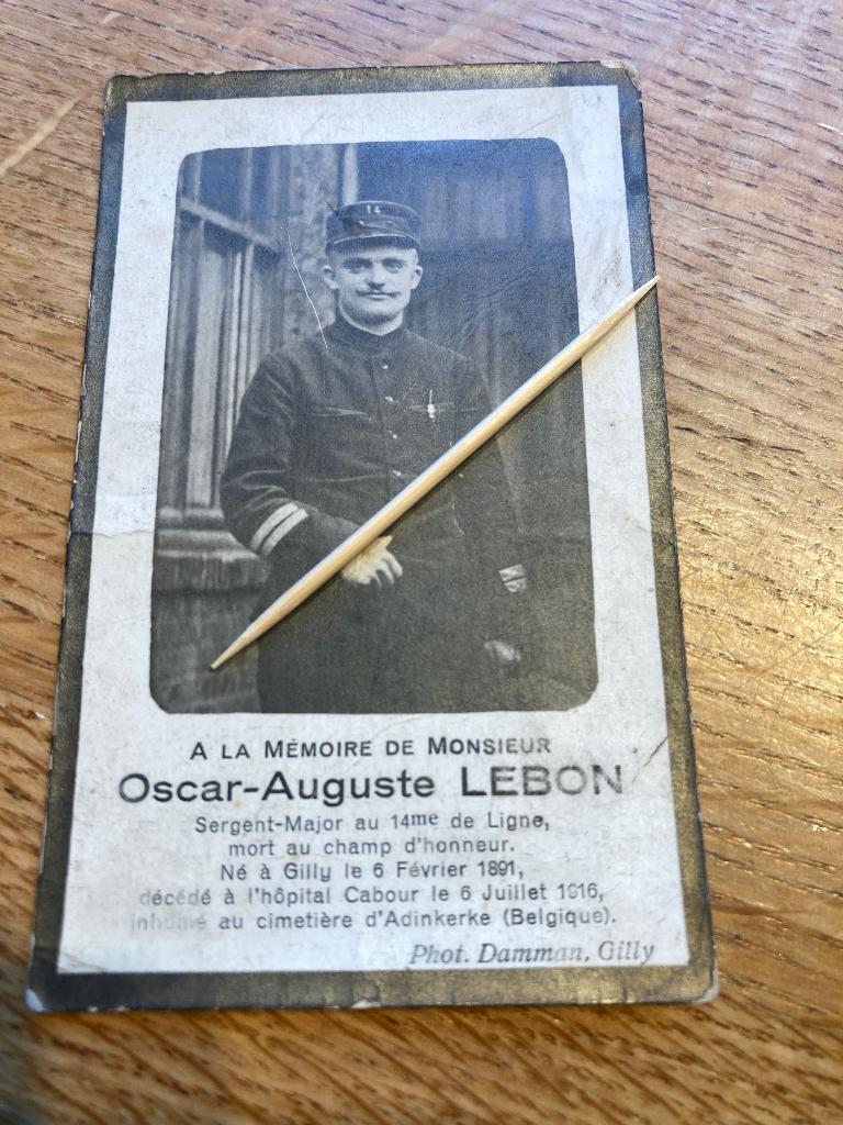 oorlogsslachtoffer WO1, Gilly, Cabour, Adinkerke, Lebon, Envoi, Image pieuse