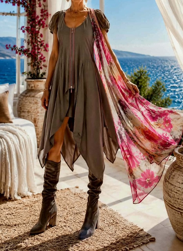 Boho asymmetrische jurk met ritssluiting nieuw, Maat 38/40 (M), Bruin, Nieuw, Cocktailjurk