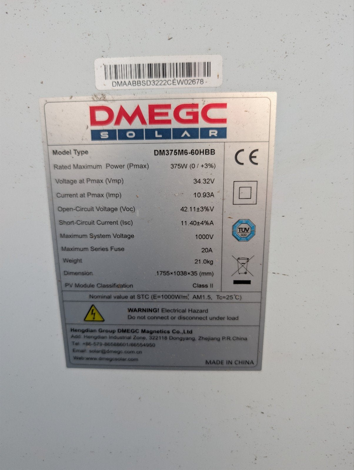 gebruikte DMEGC 375watt zonnepanelen DM375M6-60HBB, Ophalen, Gebruikt, Paneel, 200 wattpiek of meer