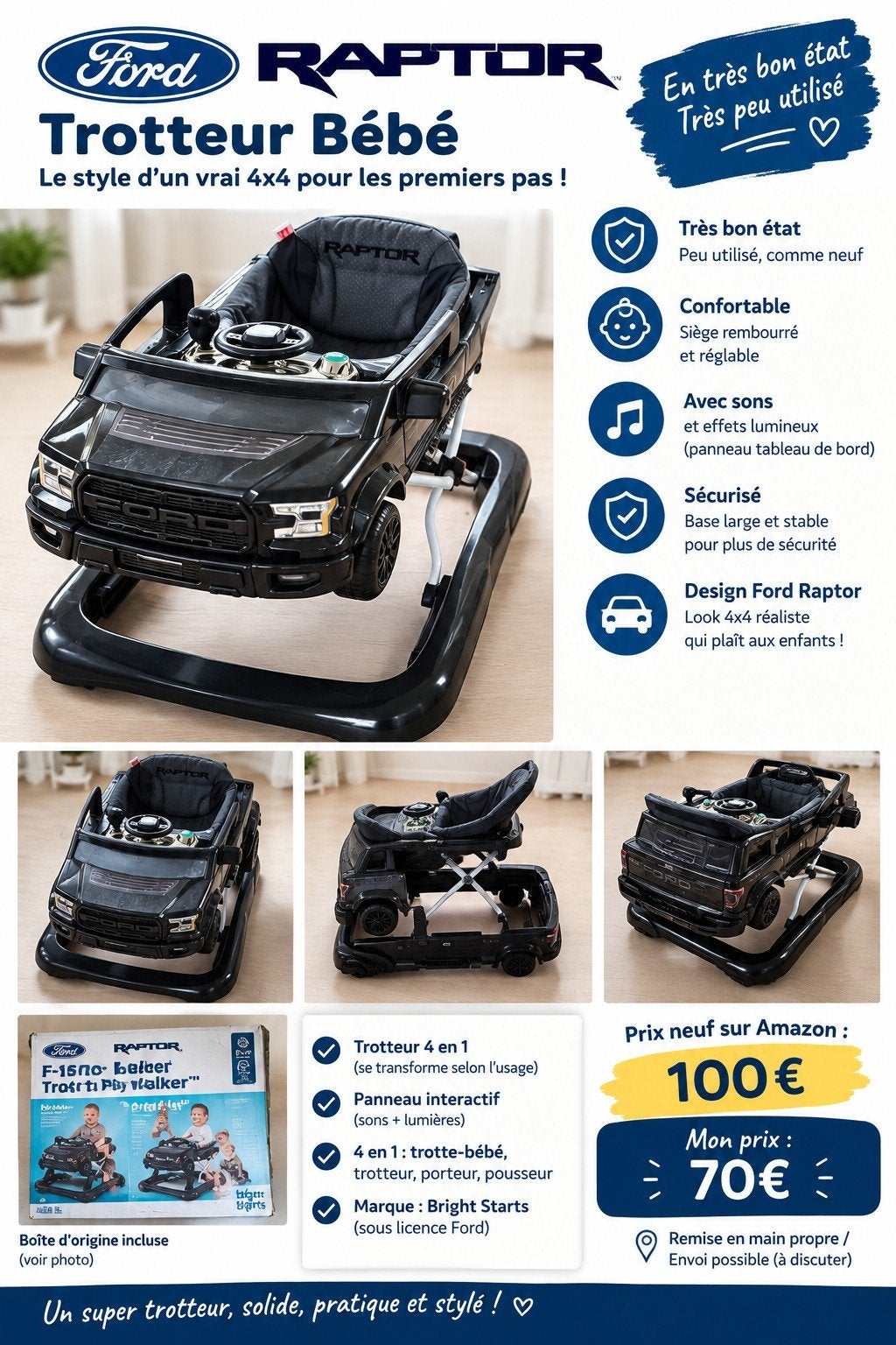 Trotteur bébé 4 en 1, Enlèvement, Comme neuf, Autres types, Avec lumière