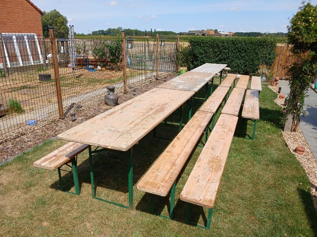 Biertafels + zitbanken, Tuin en Terras, Ophalen, Gebruikt, Rechthoekig, Hout